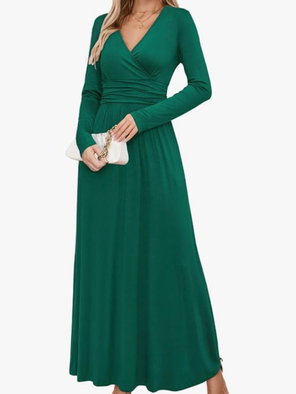 Long Sleeve V-Neck Wrap Waist Maxi Dress OUGES Women's Dark Green Solid